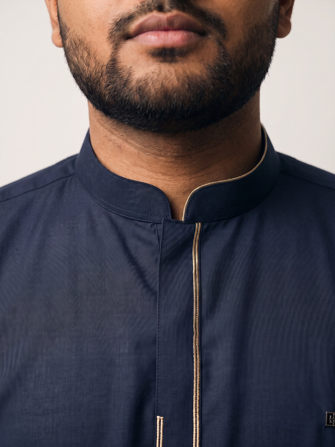 Navy Blend Terry Rayon Slim Fit Shirt with Embroidered Border