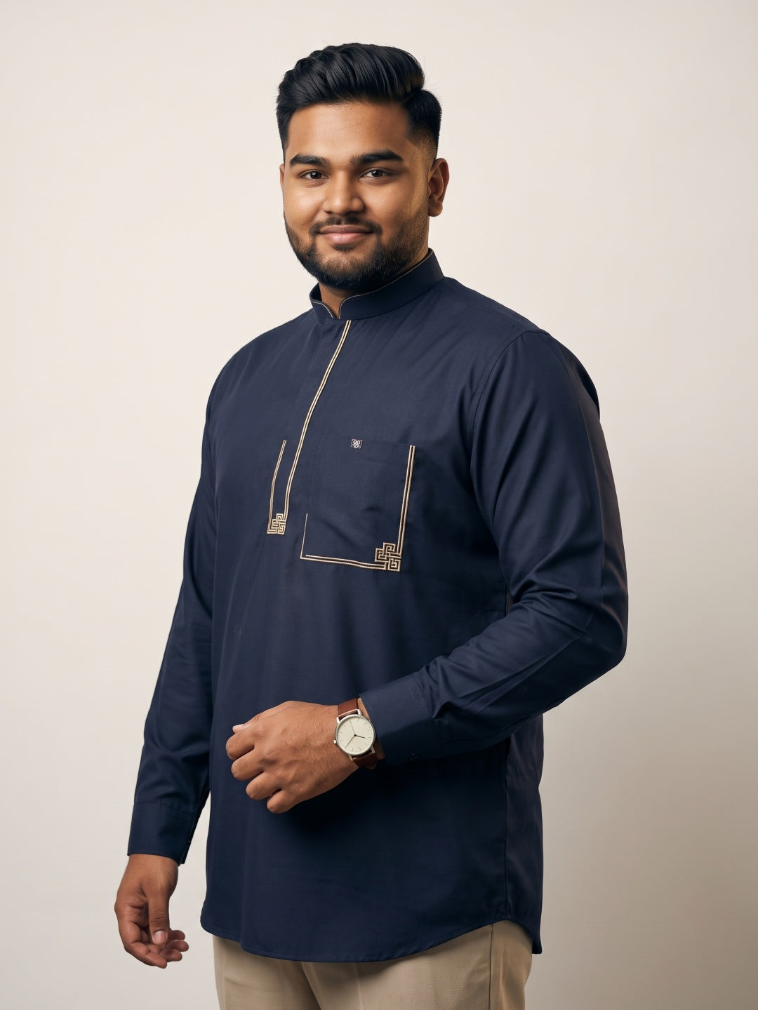 Navy Blend Terry Rayon Slim Fit Shirt with Embroidered Border
