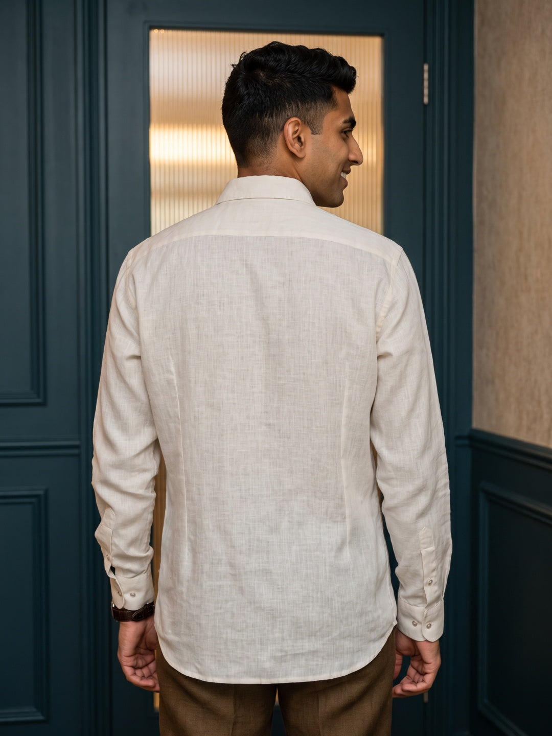 Beige Linen Regular Fit Shirt with Embroidery
