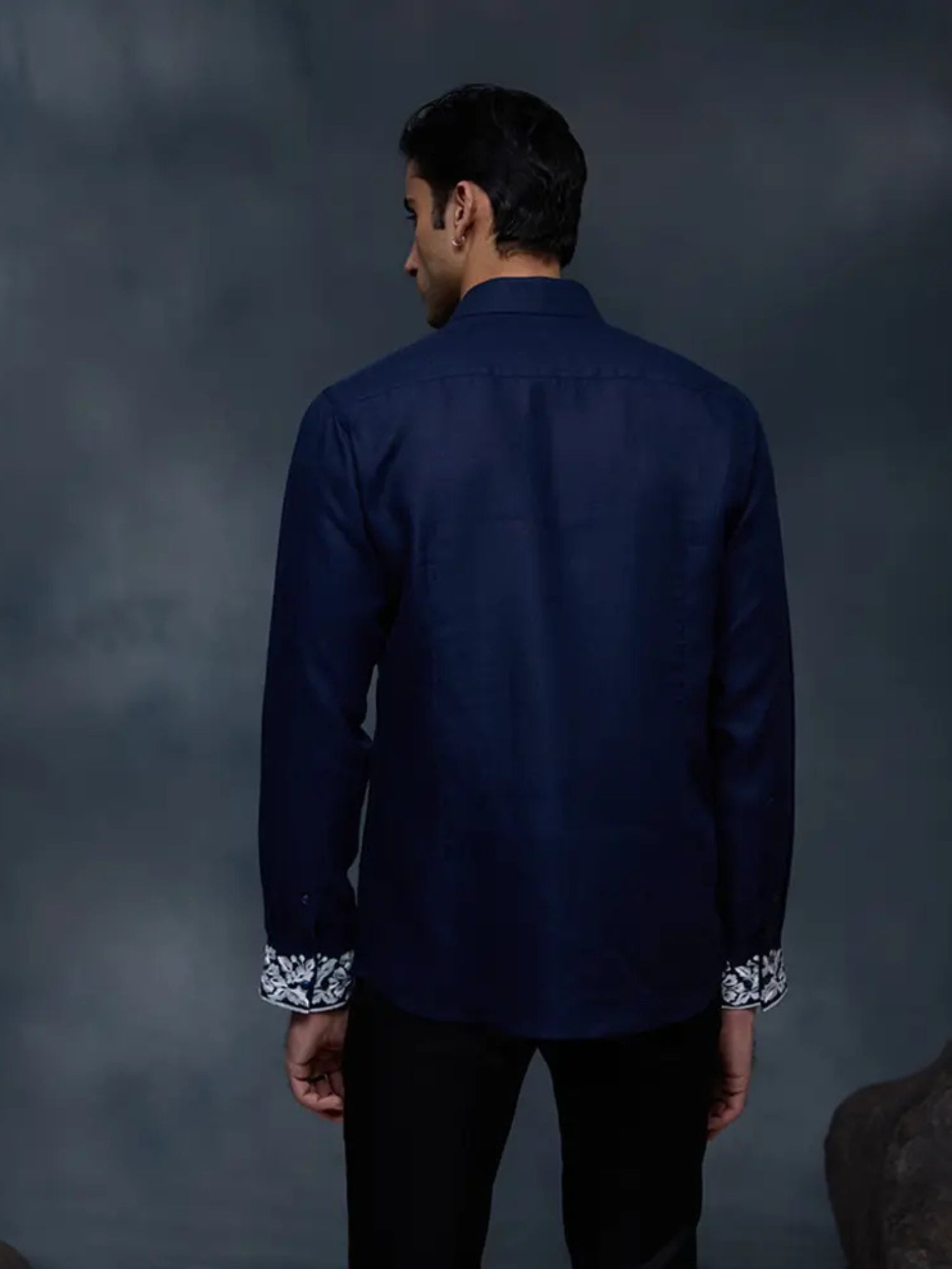 Navy Blue Placard and Sleeve Embroidered Linen Slim Fit Shirt