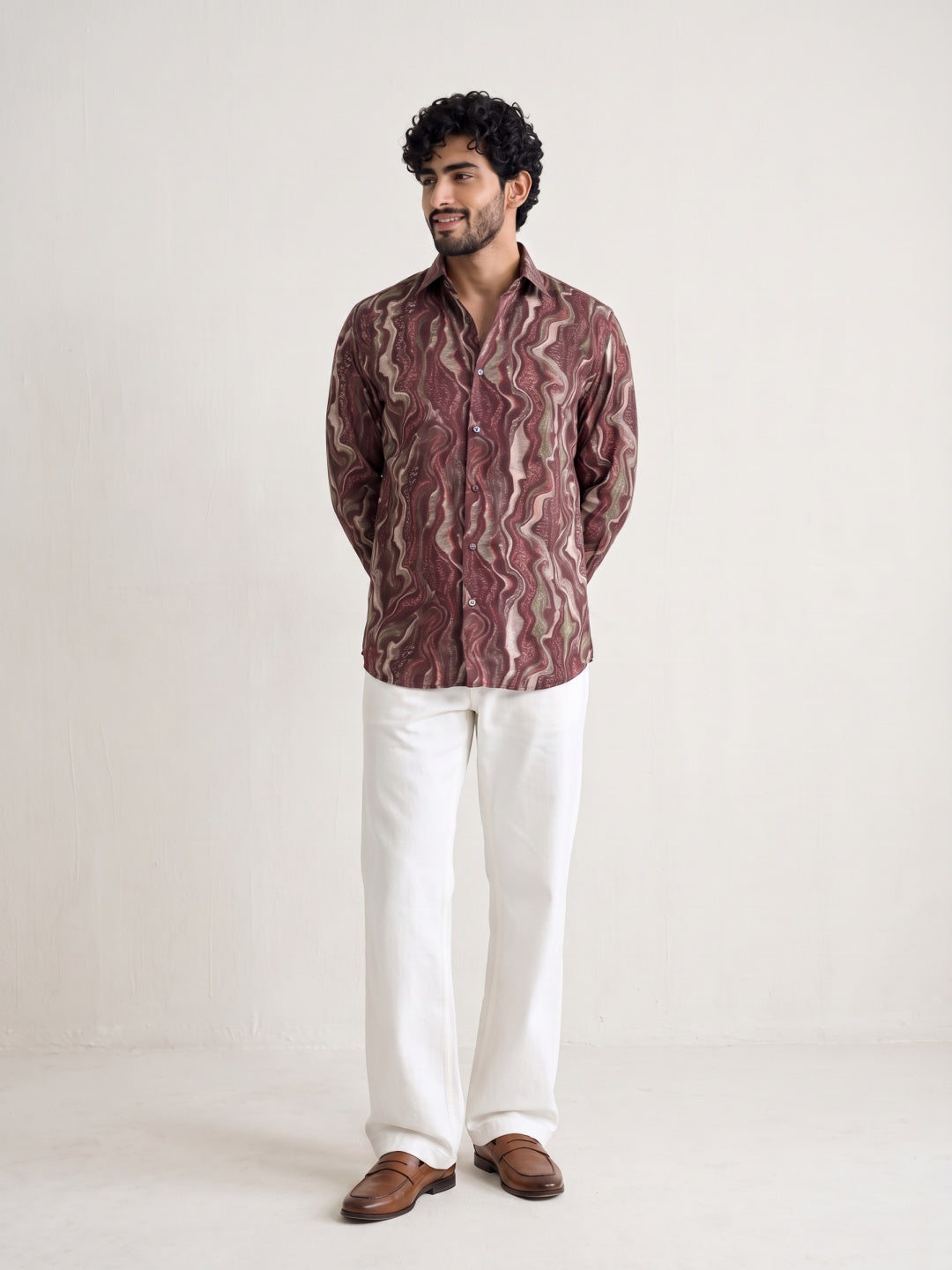 Wine Tencel Slim Fit Shirt with Marbled Print