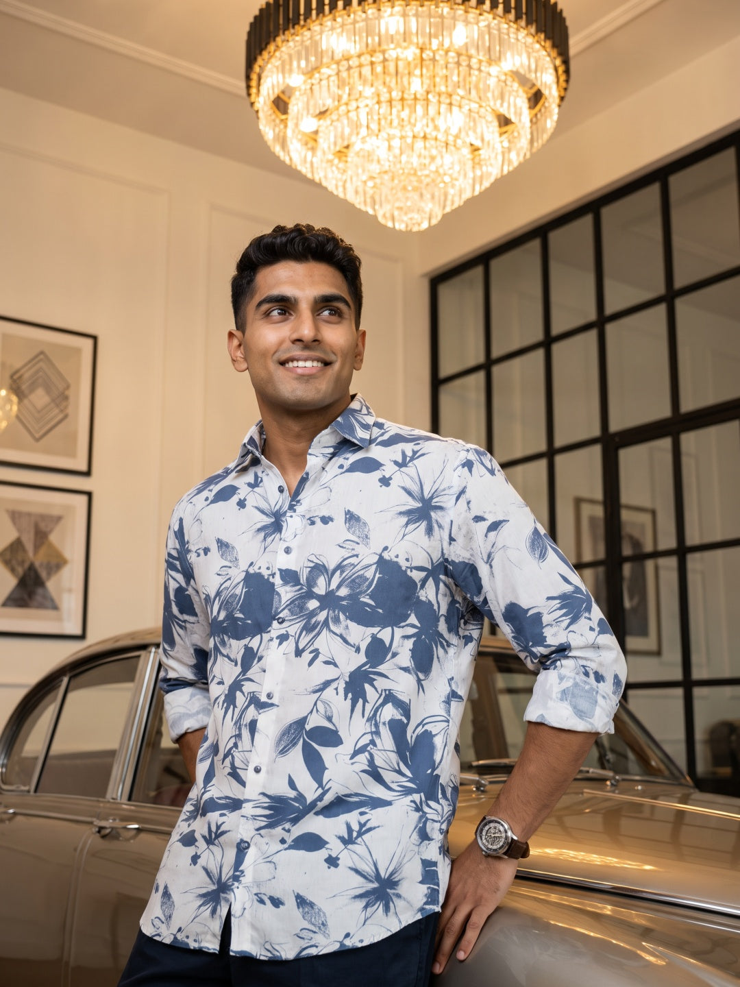 Blue Tencel Slim Fit Printed Shirt