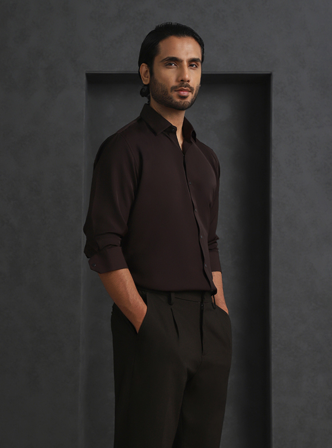 Dark Brown Slim Fit Stroma Shirt with Classic Plain Design