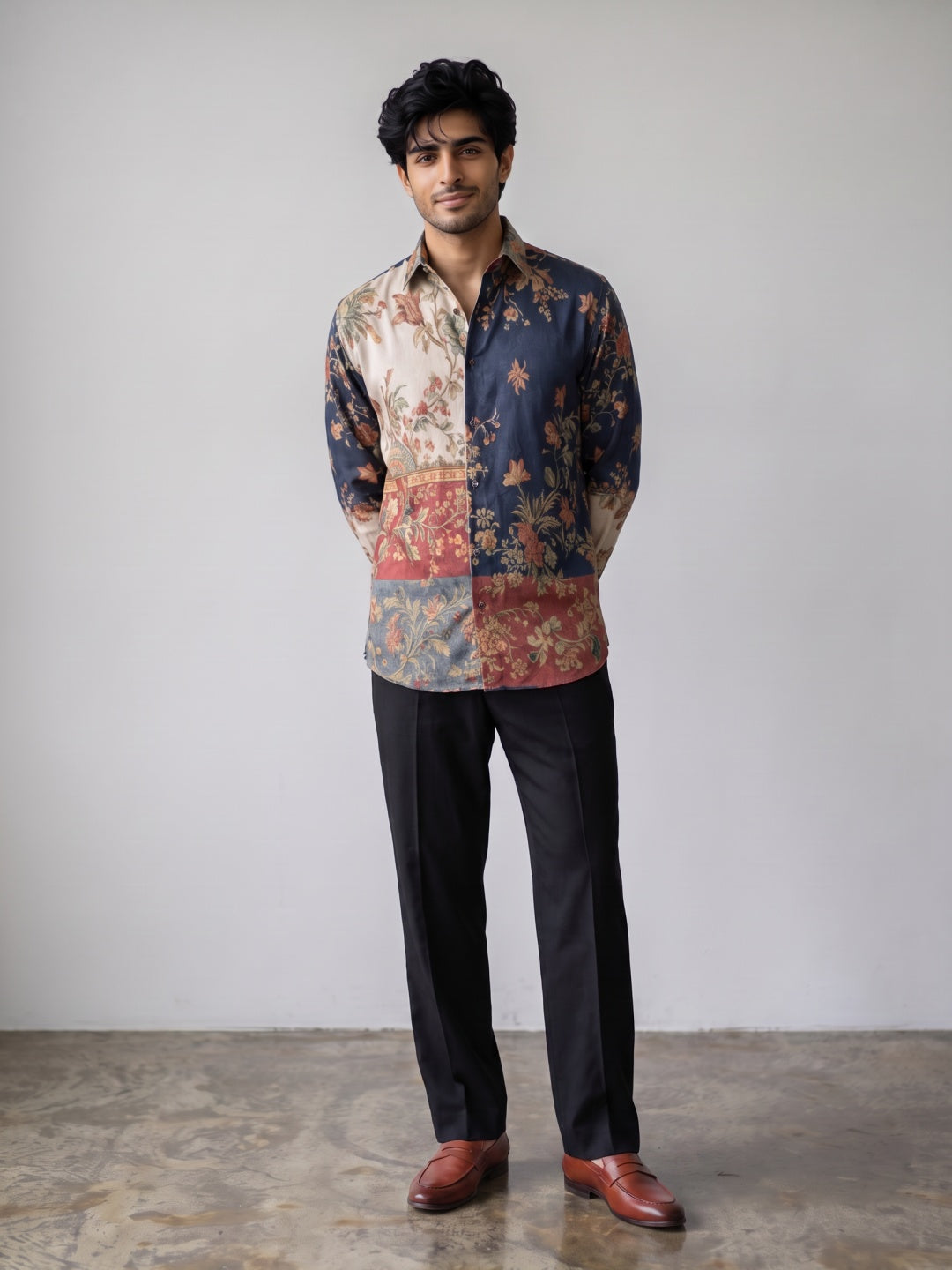 Multicolour Tencel Slim Fit Shirt with Colour Block Floral Print