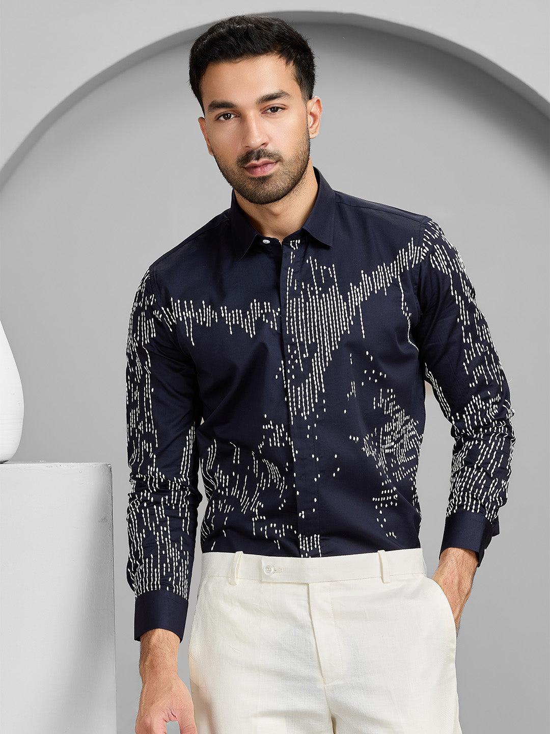 Men's Navy Blue Cotton Designer Shirt in Slim Fit