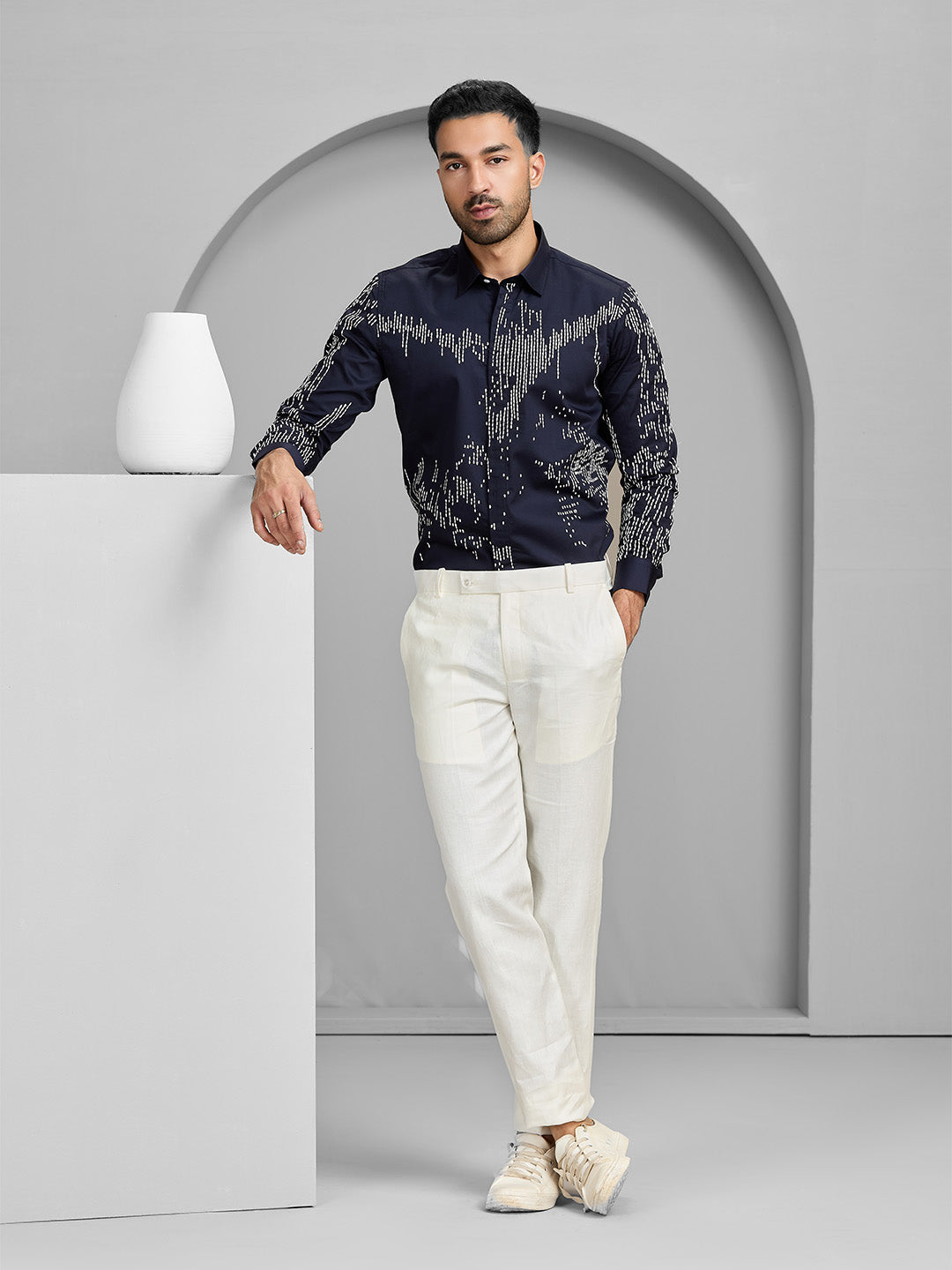 Men's Navy Blue Cotton Designer Shirt in Slim Fit