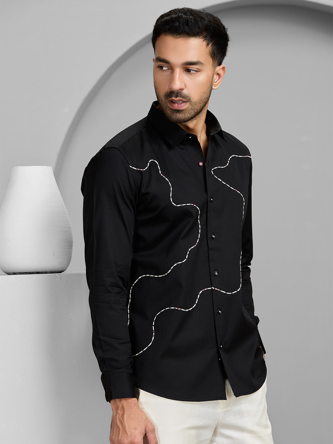 Black Abstract Embroidered Cotton Shirt for Men – Slim Fit Designer Wear