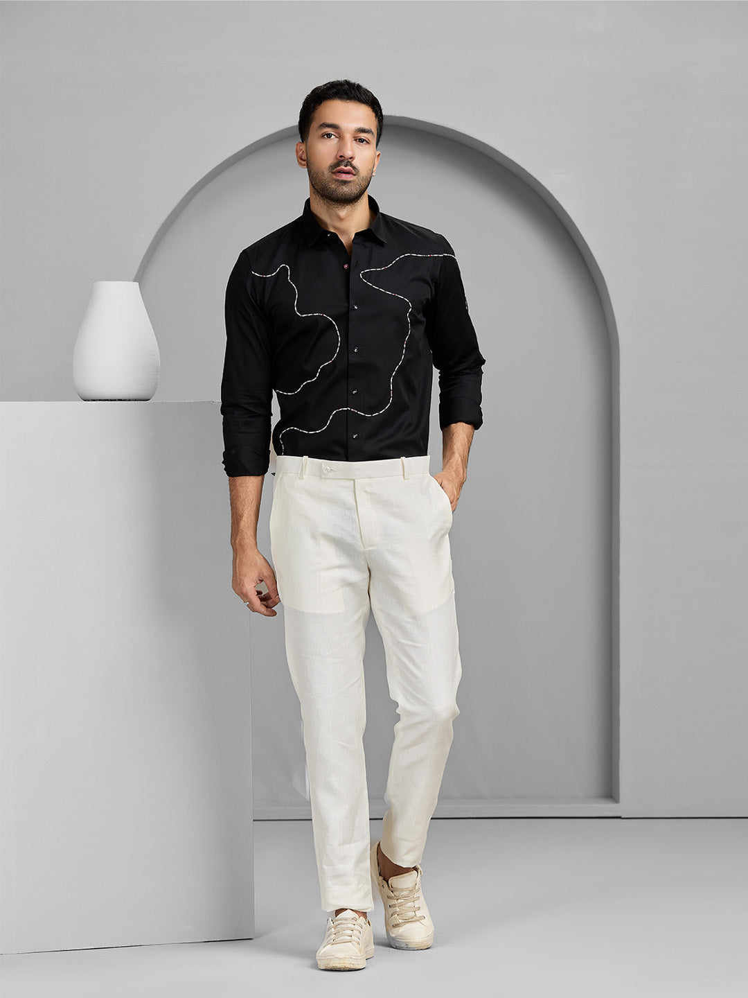Black Abstract Embroidered Cotton Shirt for Men – Slim Fit Designer Wear