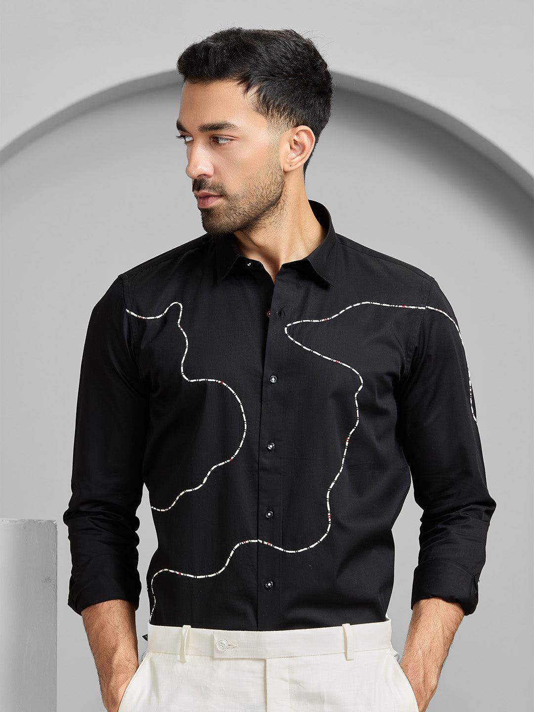 Black Abstract Embroidered Cotton Shirt for Men – Slim Fit Designer Wear