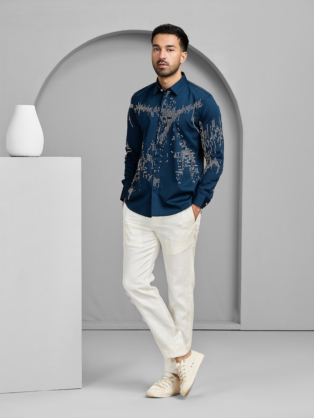 Men's A.F.Blue Cotton Designer Shirt in Slim Fit