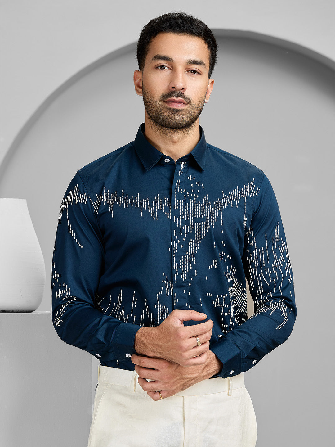 Men's A.F.Blue Cotton Designer Shirt in Slim Fit