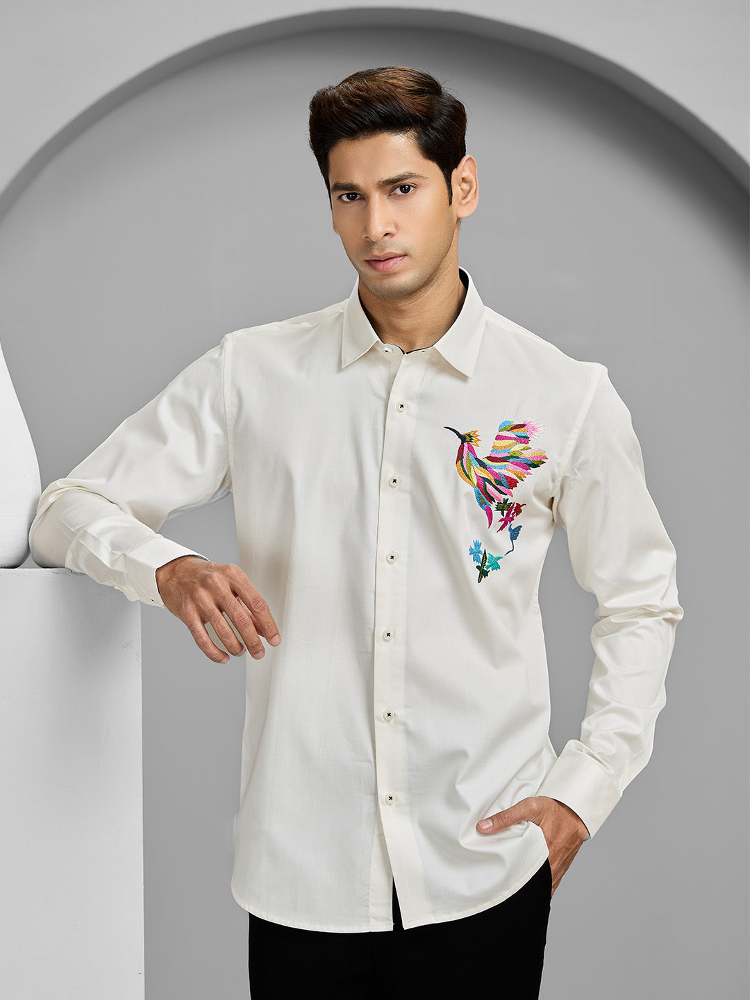 Cream Slim Fit Cotton Shirt with Subtle Embroidery Detailing