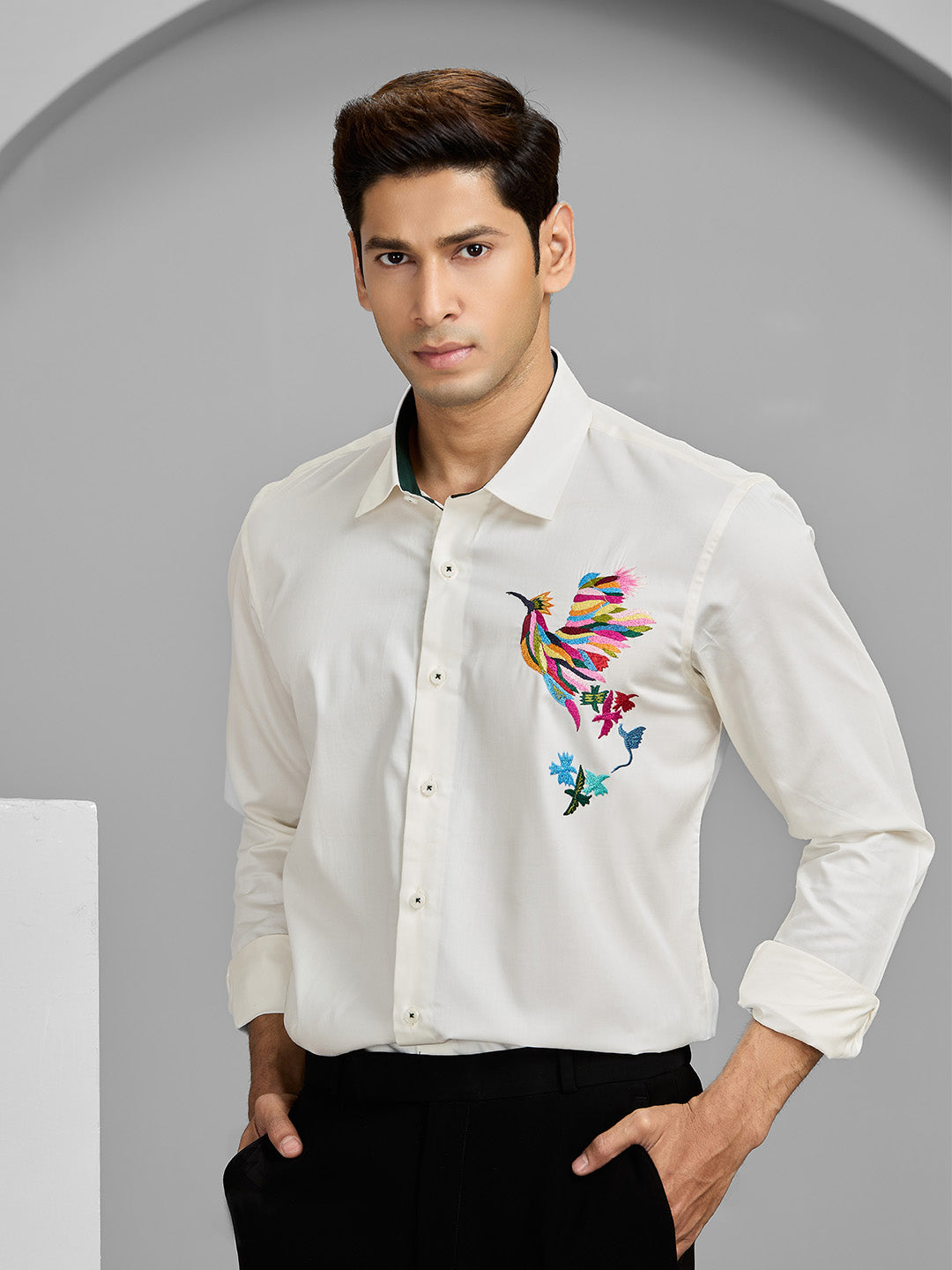 Cream Slim Fit Cotton Shirt with Subtle Embroidery Detailing
