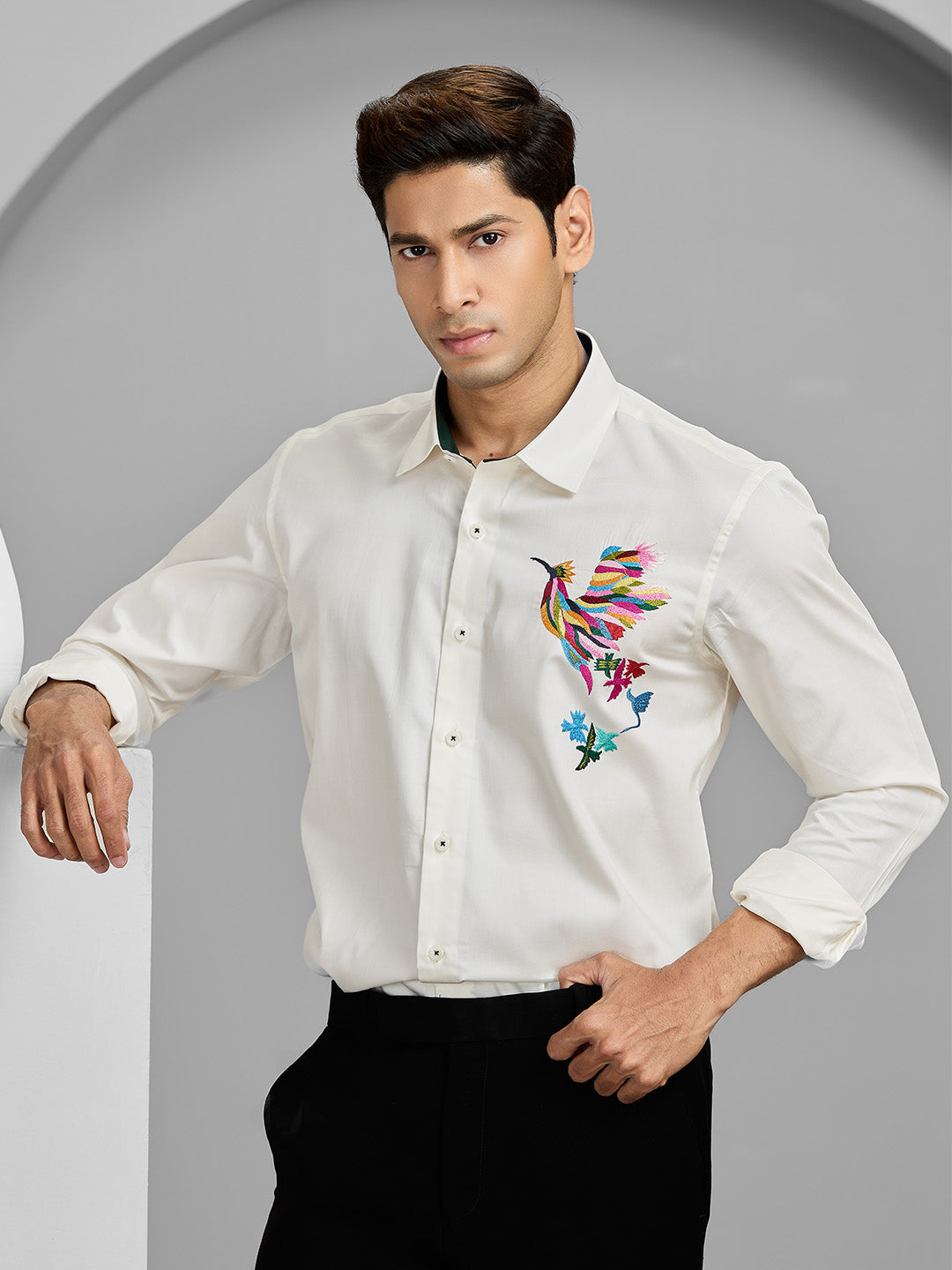 Men's Cream Cotton Designer Shirt in Slim Fit