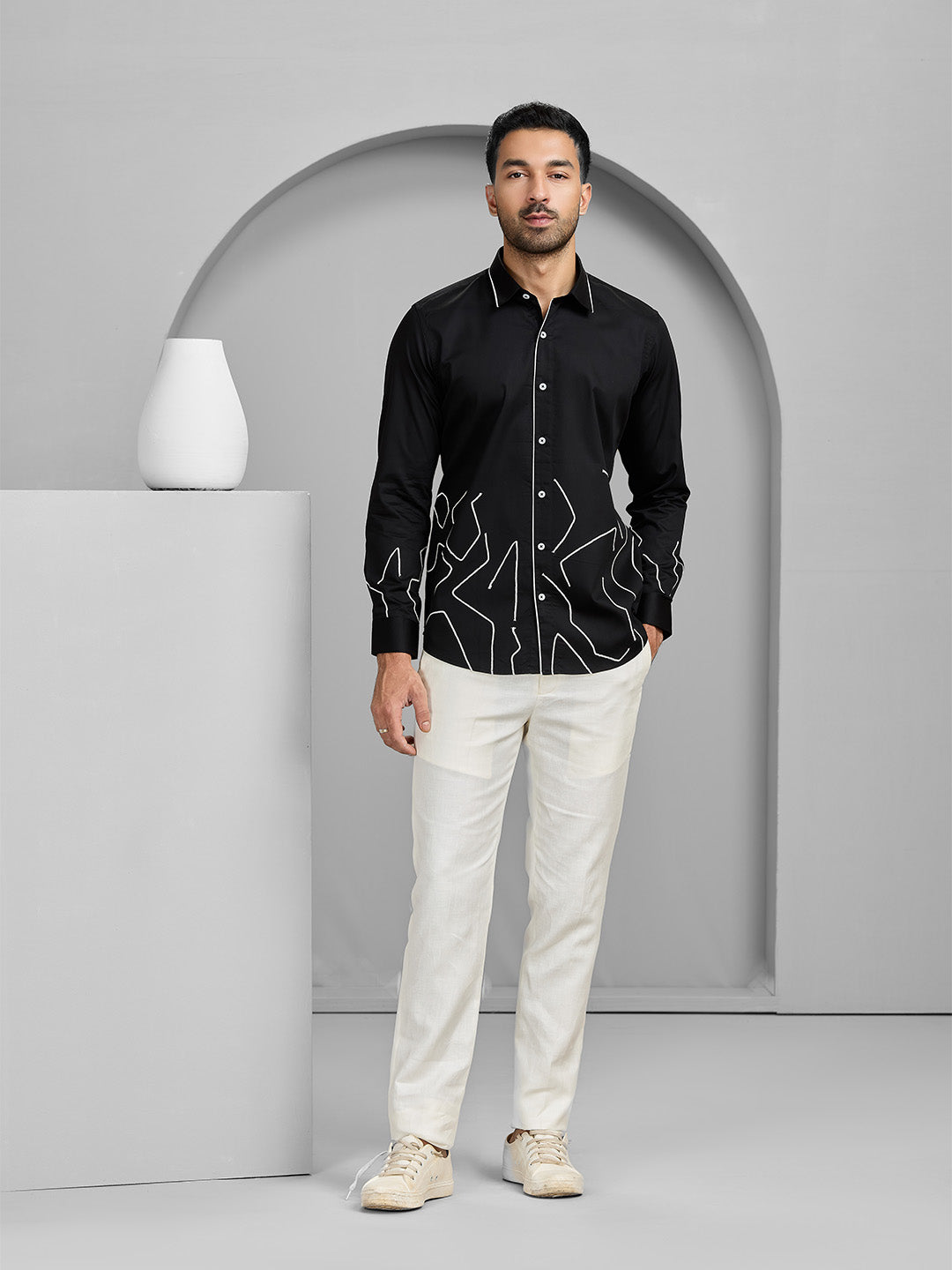 Vibrant Black Coloured Slim Fit Cotton Shirt with Artistic embroidery