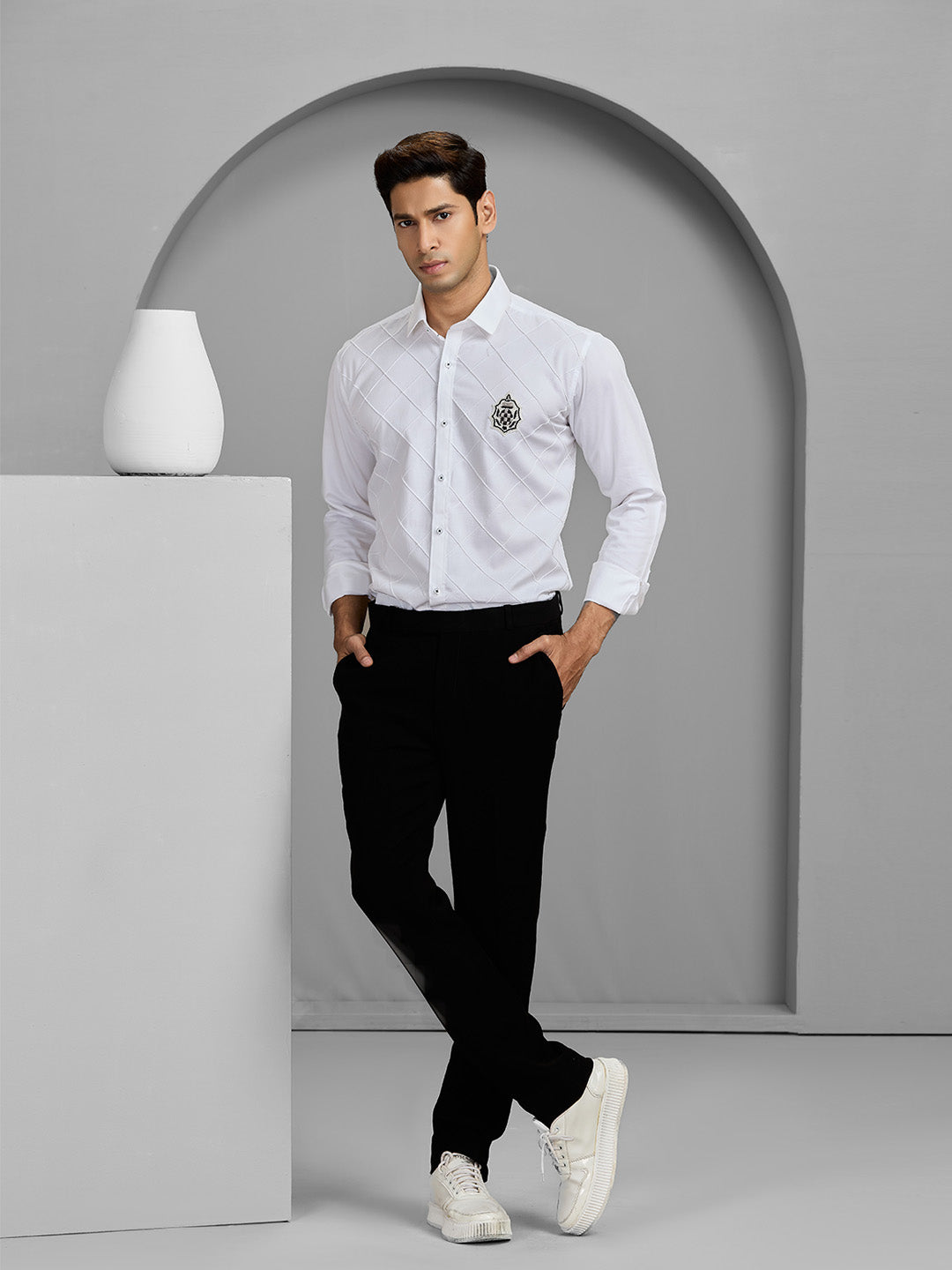 Men's White Cotton Designer Shirt in Slim Fit
