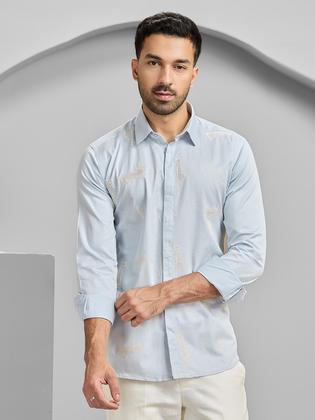 Men's Light Blue Cotton Designer Shirt in Slim Fit