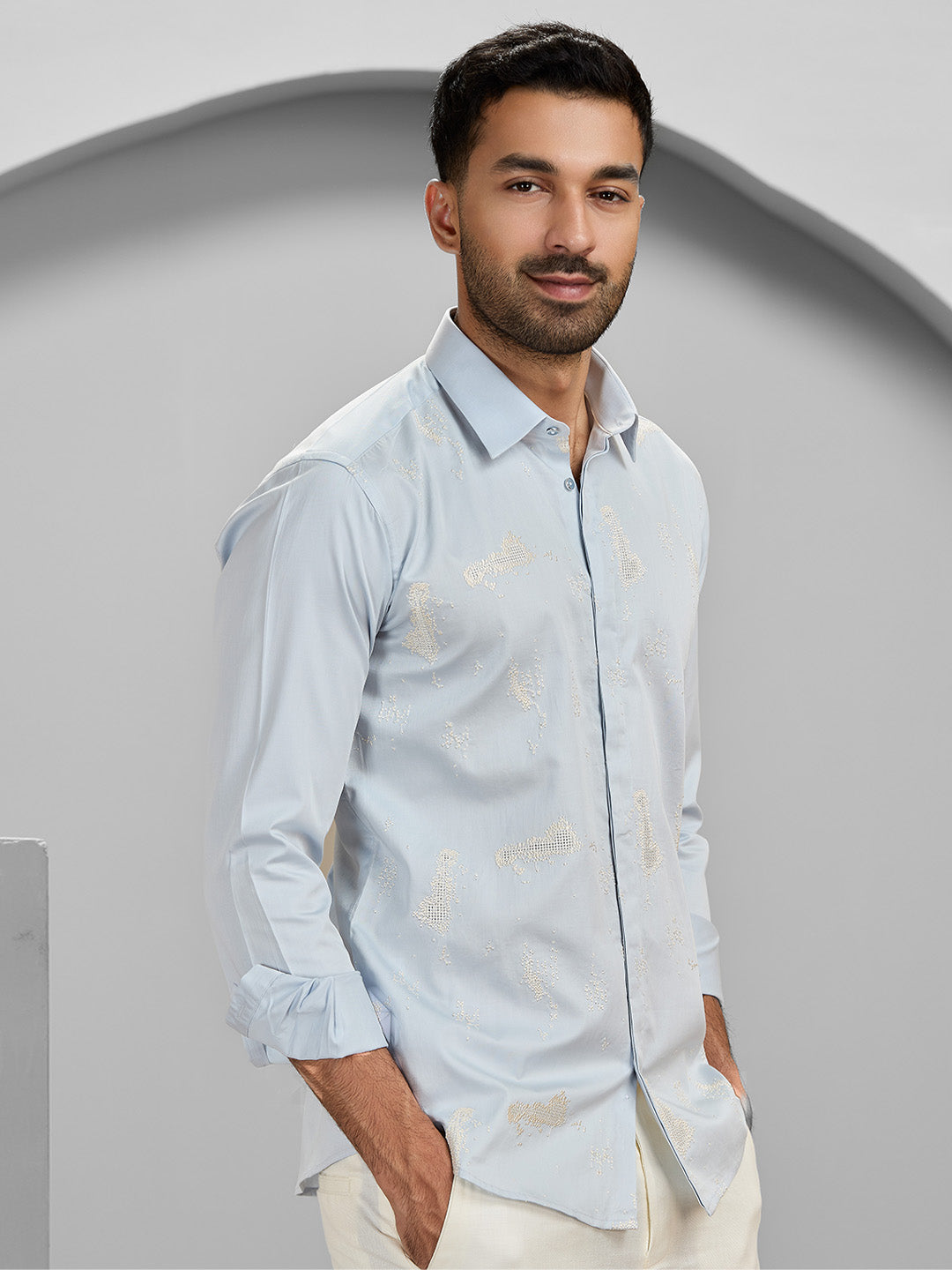 Men's Light Blue Cotton Designer Shirt in Slim Fit