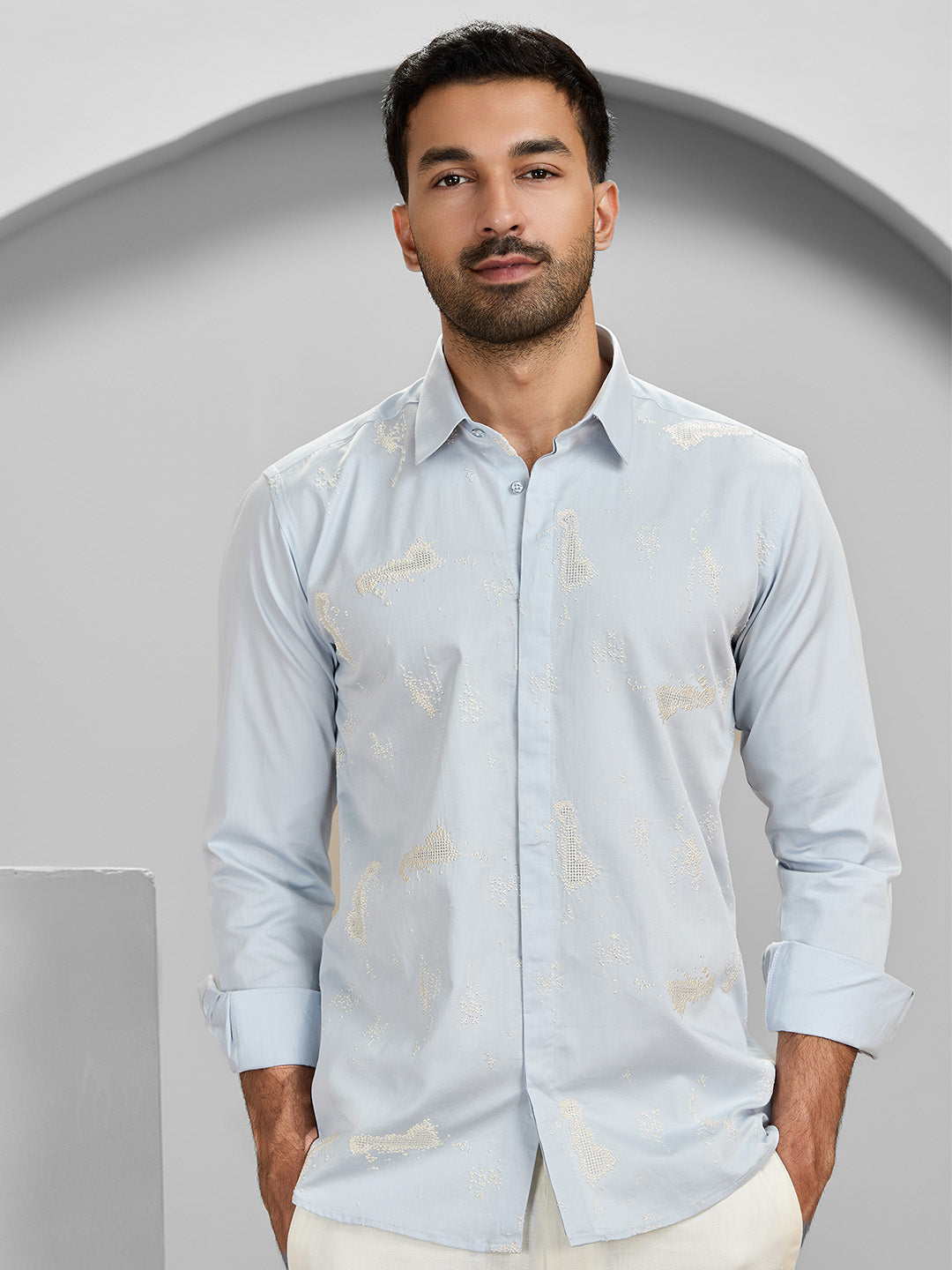 Men's Light Blue Cotton Designer Shirt in Slim Fit