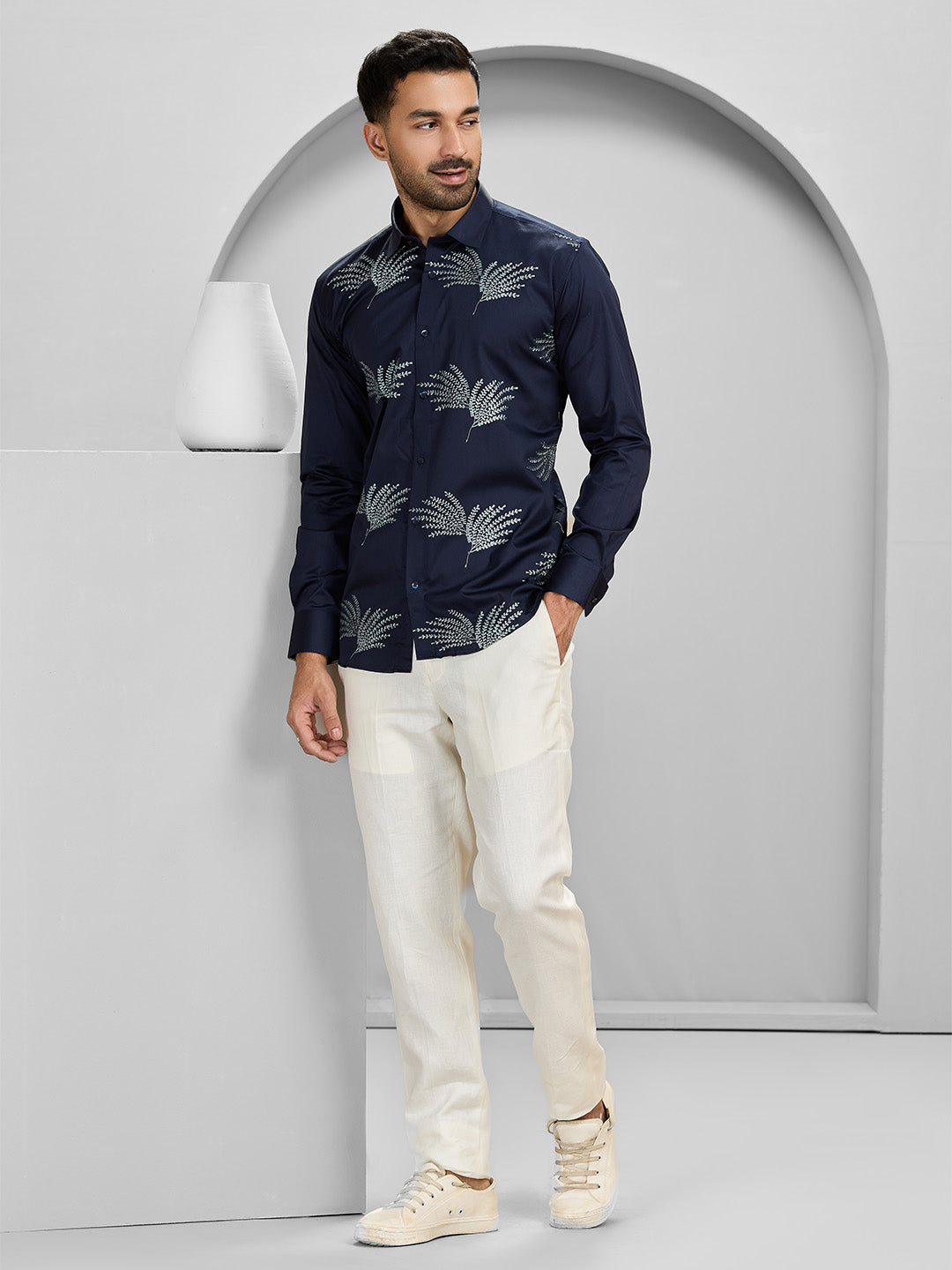 Navy Blue Slim Fit Cotton Shirt with Elegant Embroidery Detailing