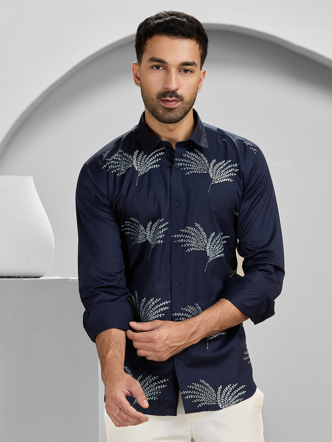 Navy Blue Slim Fit Cotton Shirt with Elegant Embroidery Detailing