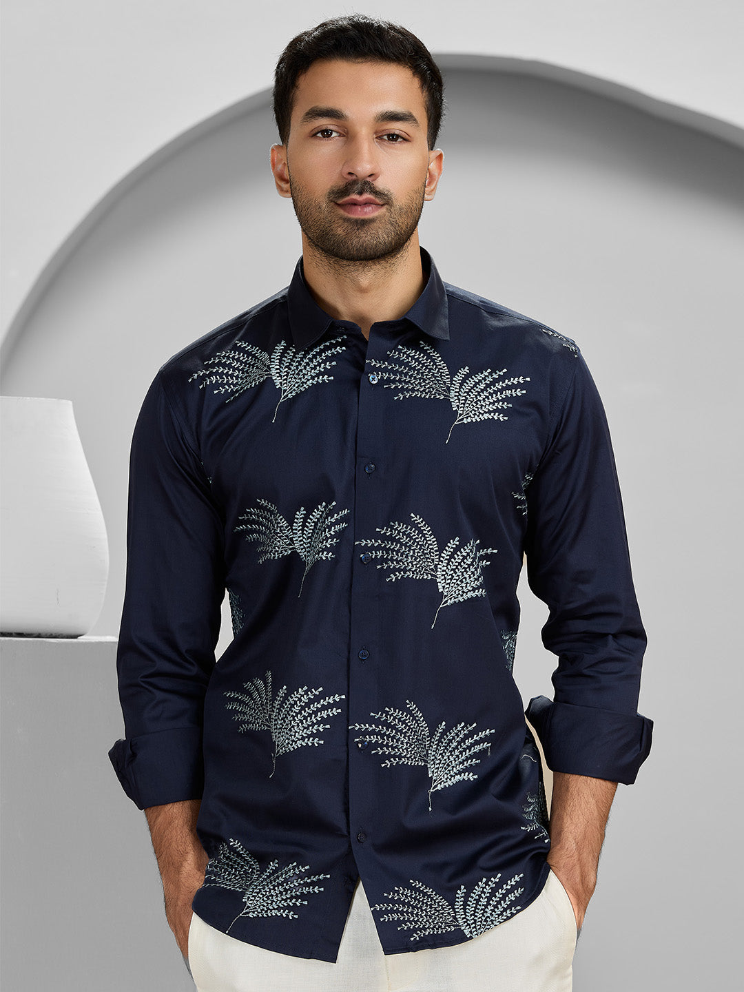 Navy Blue Slim Fit Cotton Shirt with Elegant Embroidery Detailing