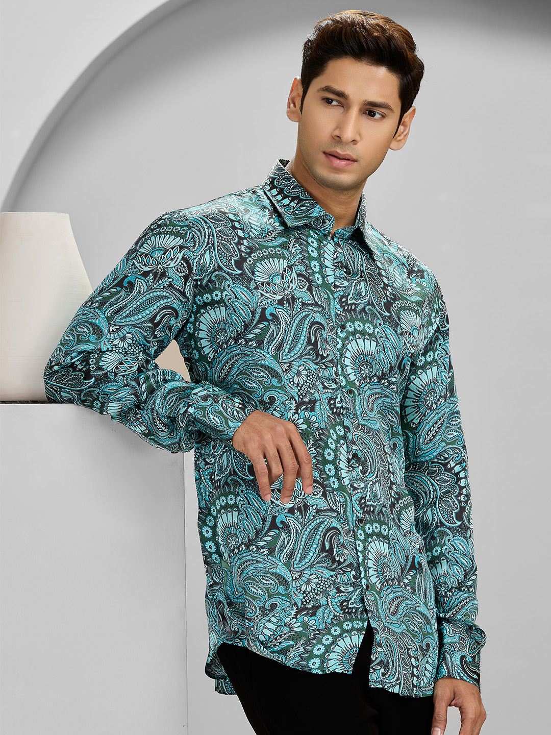 Men’s Aqua Cupro Printed Shirt in Slim Fit