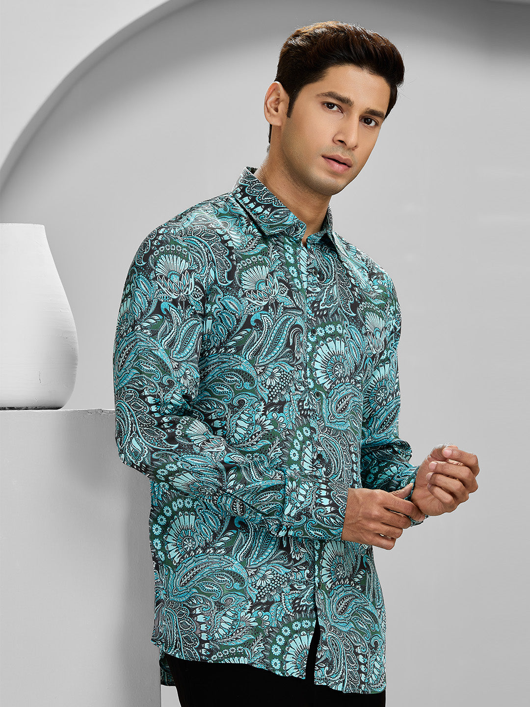 Men’s Aqua Cupro Printed Shirt in Slim Fit