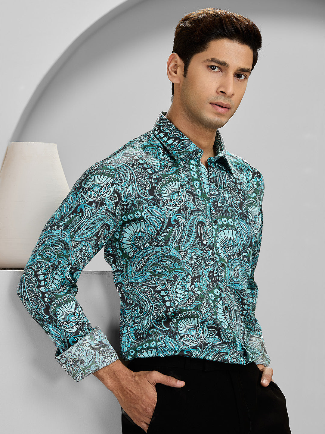 Men’s Aqua Cupro Printed Shirt in Slim Fit
