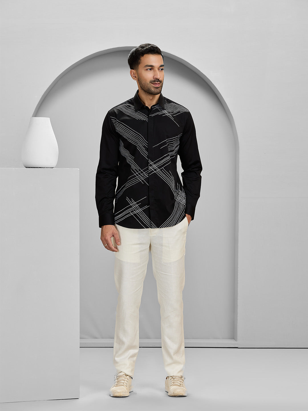 Black Slim Fit Cotton Shirt with Intricate Embroidery Accents