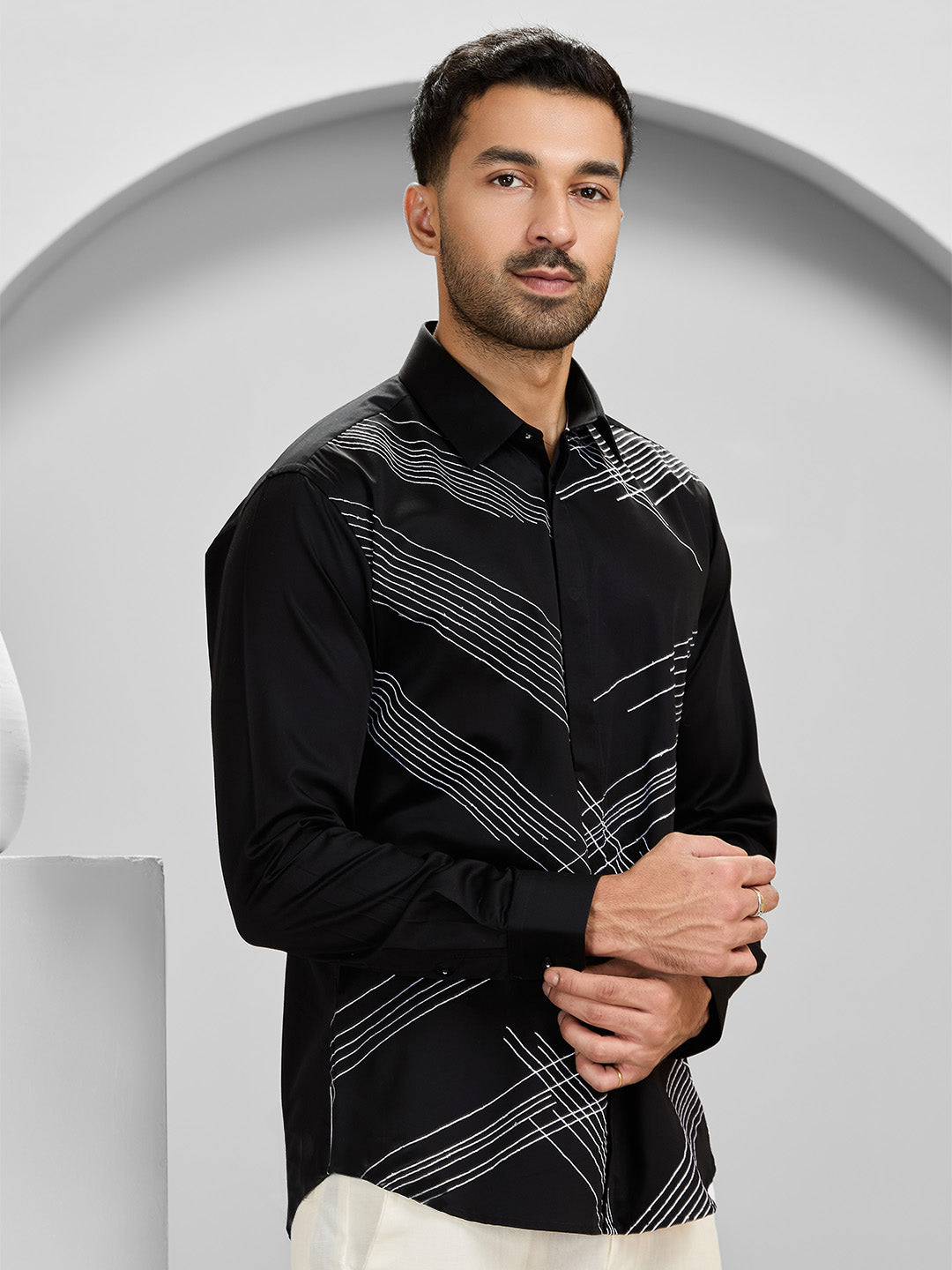Black Slim Fit Cotton Shirt with Intricate Embroidery Accents