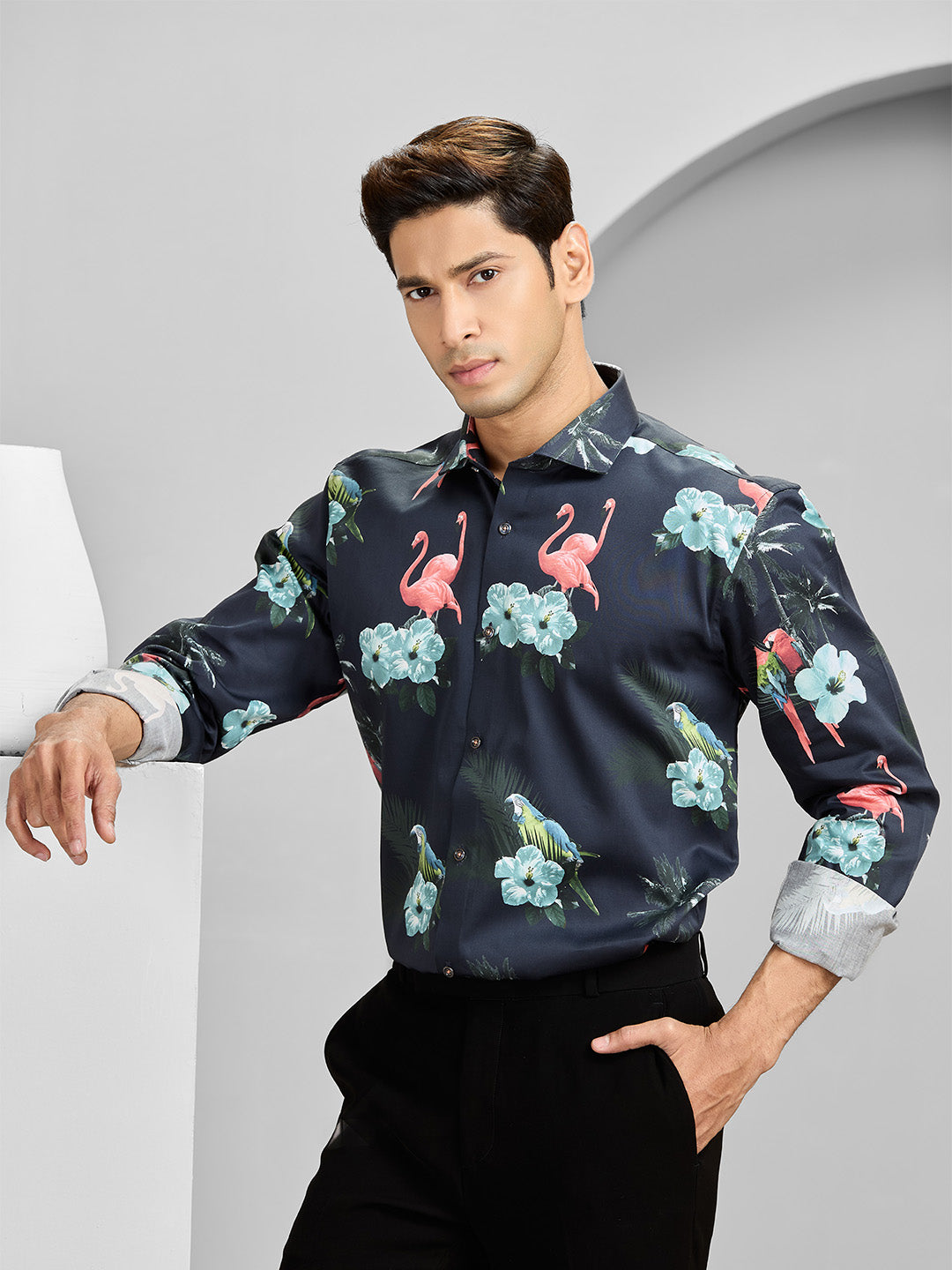 Men’s Navy Cotton Printed Shirt in Slim Fit