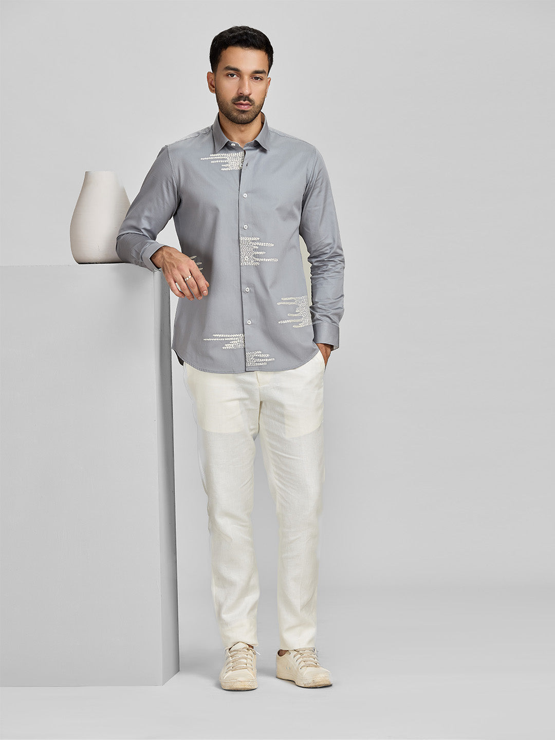 Men's Grey Cotton Designer Shirt in Slim Fit