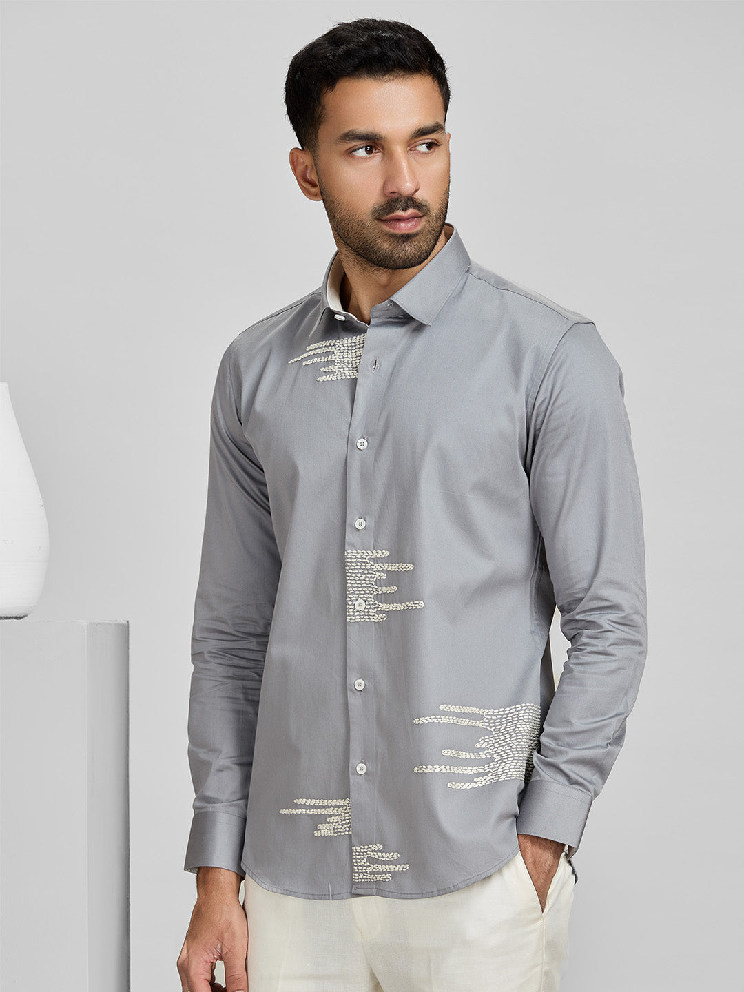 Men's Grey Cotton Designer Shirt in Slim Fit
