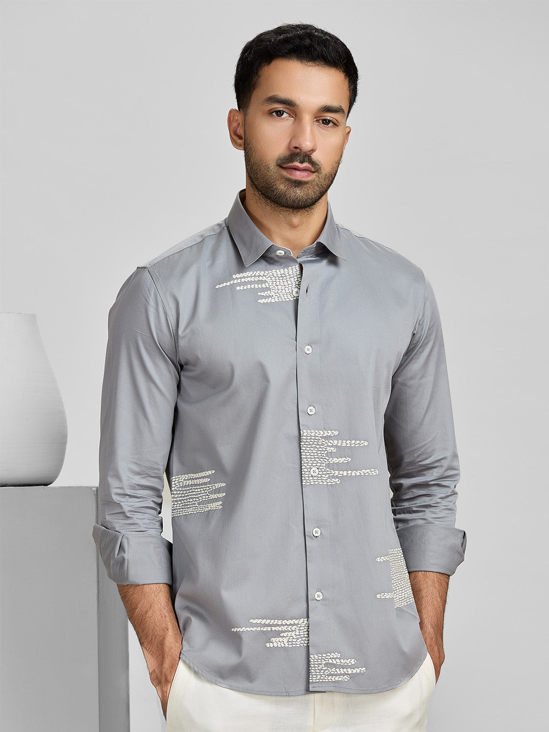 Men's Grey Cotton Designer Shirt in Slim Fit