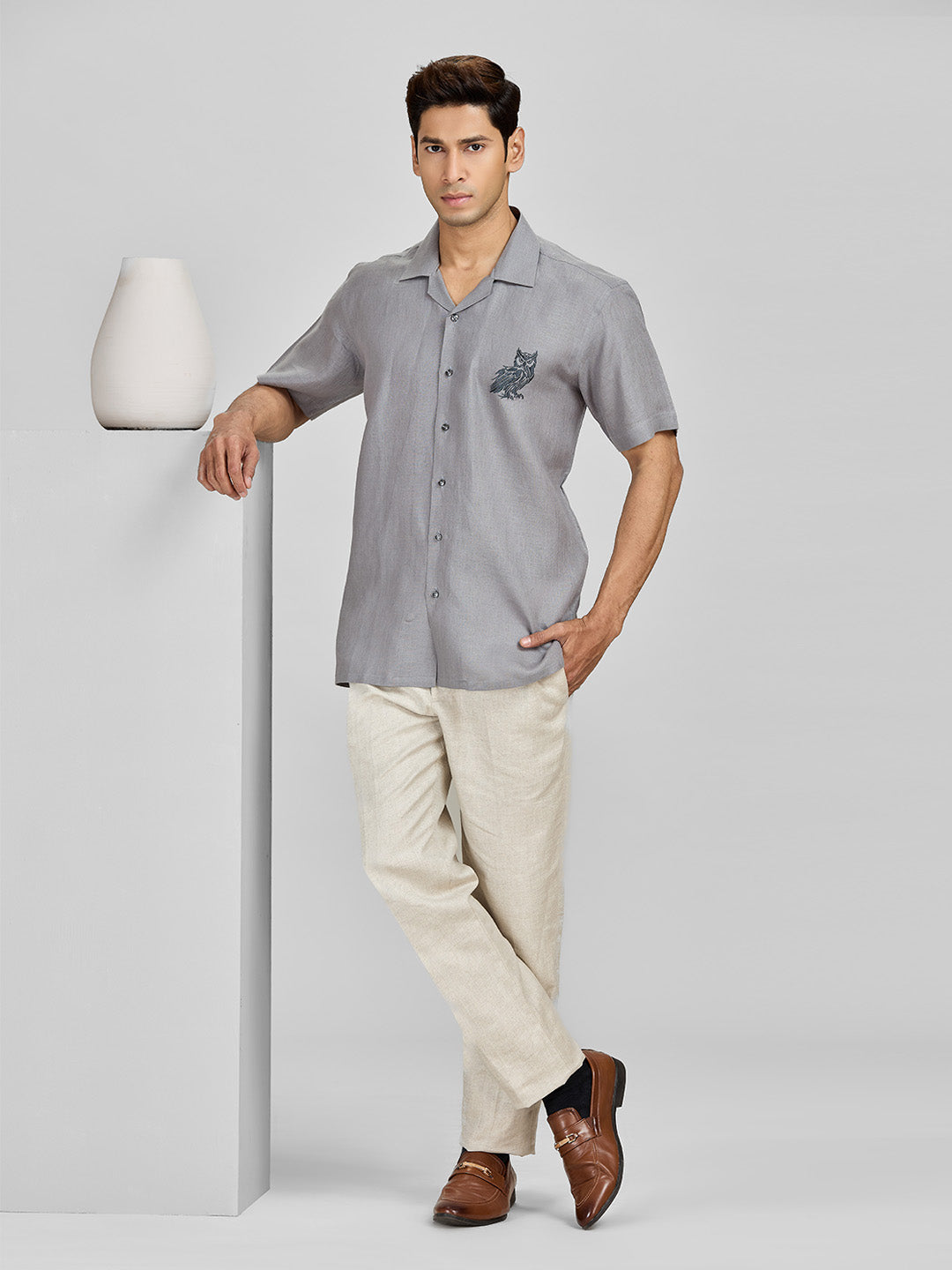 Men's Dark Grey Owl Embroidery Linen Cuban Regular Fit Shirt