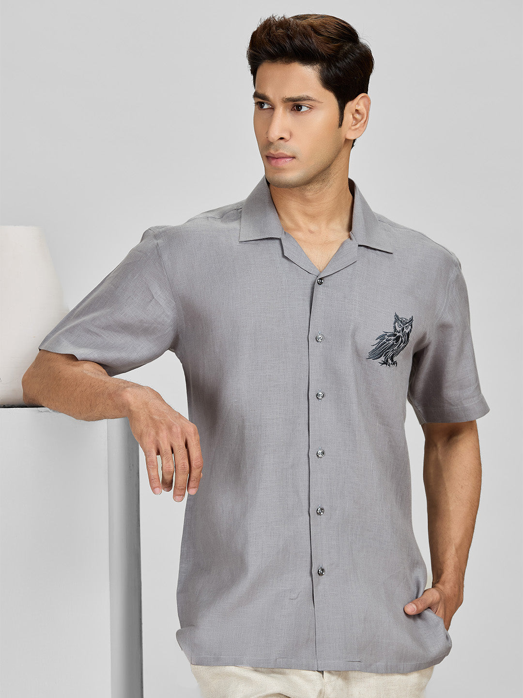 Men's Dark Grey Owl Embroidery Linen Cuban Regular Fit Shirt
