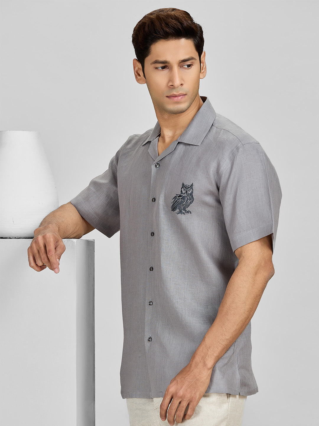 Men's Dark Grey Owl Embroidery Linen Cuban Regular Fit Shirt