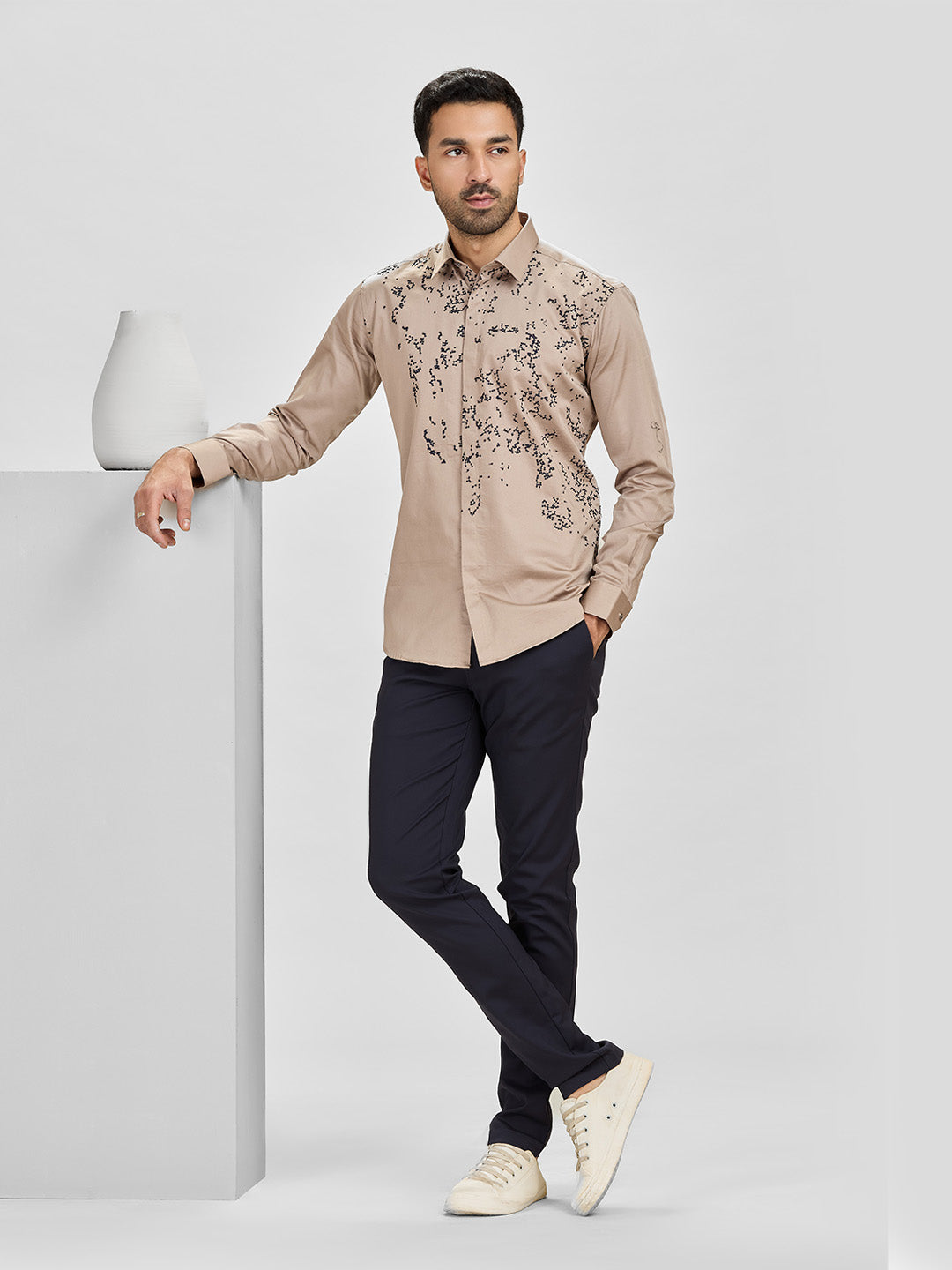 Choco Slim Fit Cotton Shirt with Elegant Embroidery Detailing