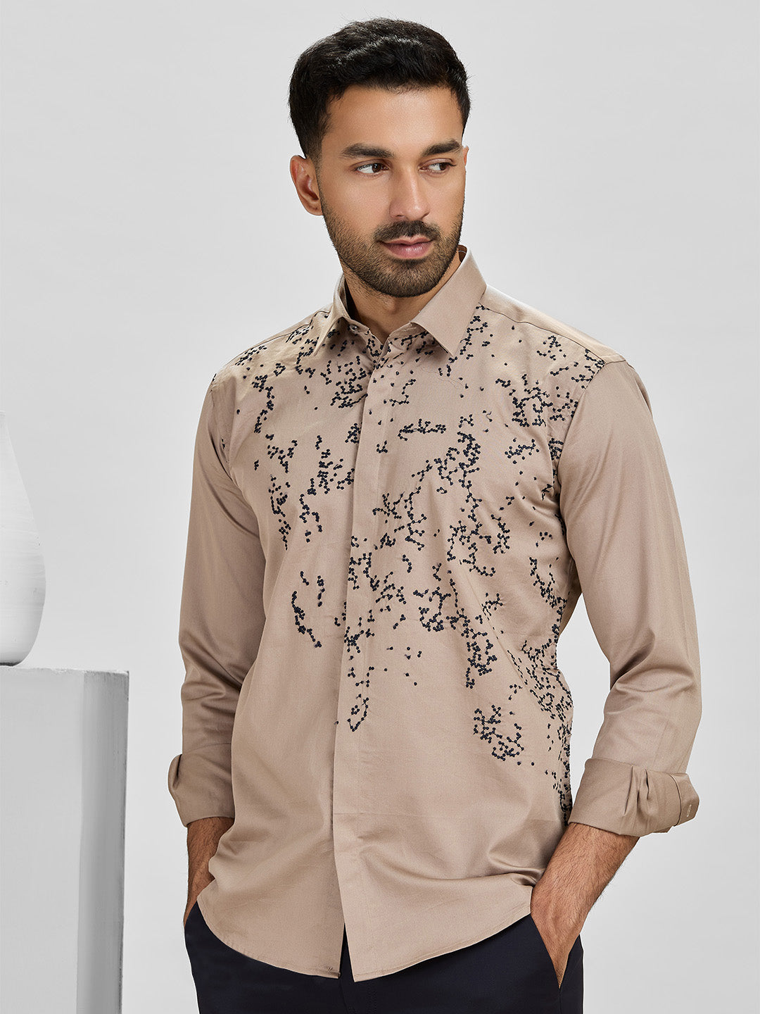 Choco Slim Fit Cotton Shirt with Elegant Embroidery Detailing