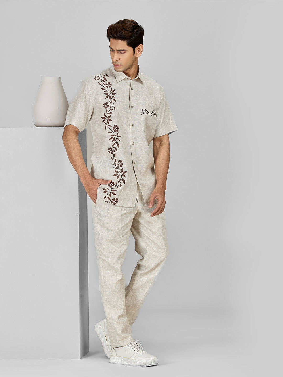 Natural Linen Shirt with Hand-Painted Floral Art