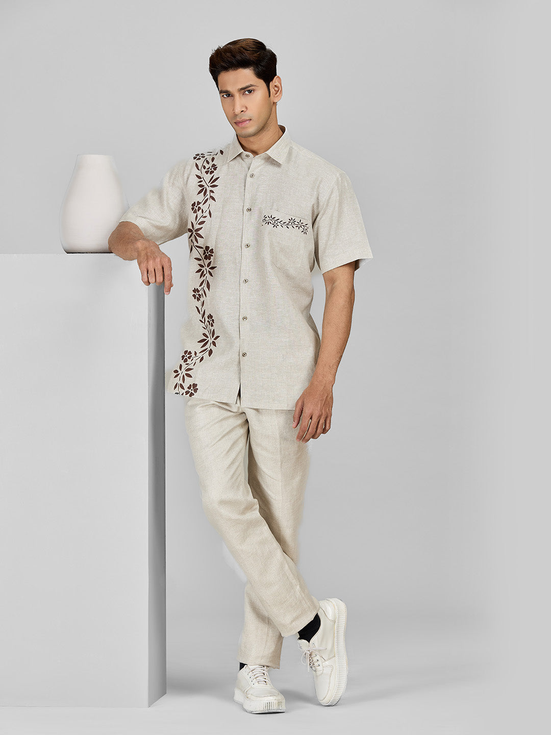 Natural Linen Shirt with Hand-Painted Floral Art