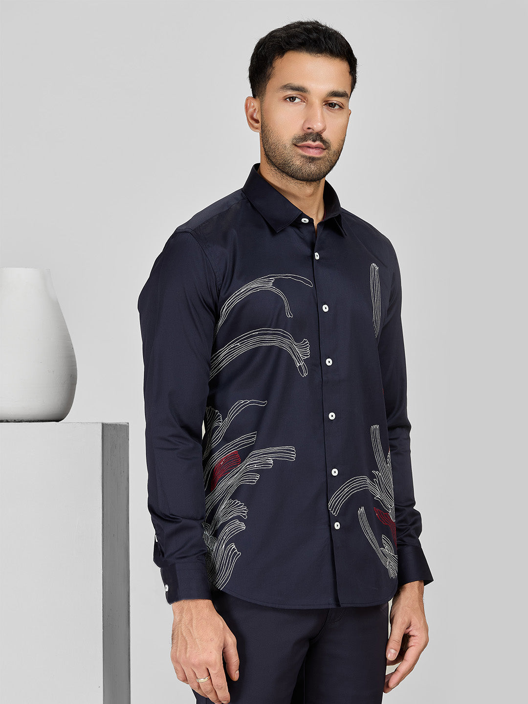 Men's Navy Blue Cotton Designer Shirt in Slim Fit