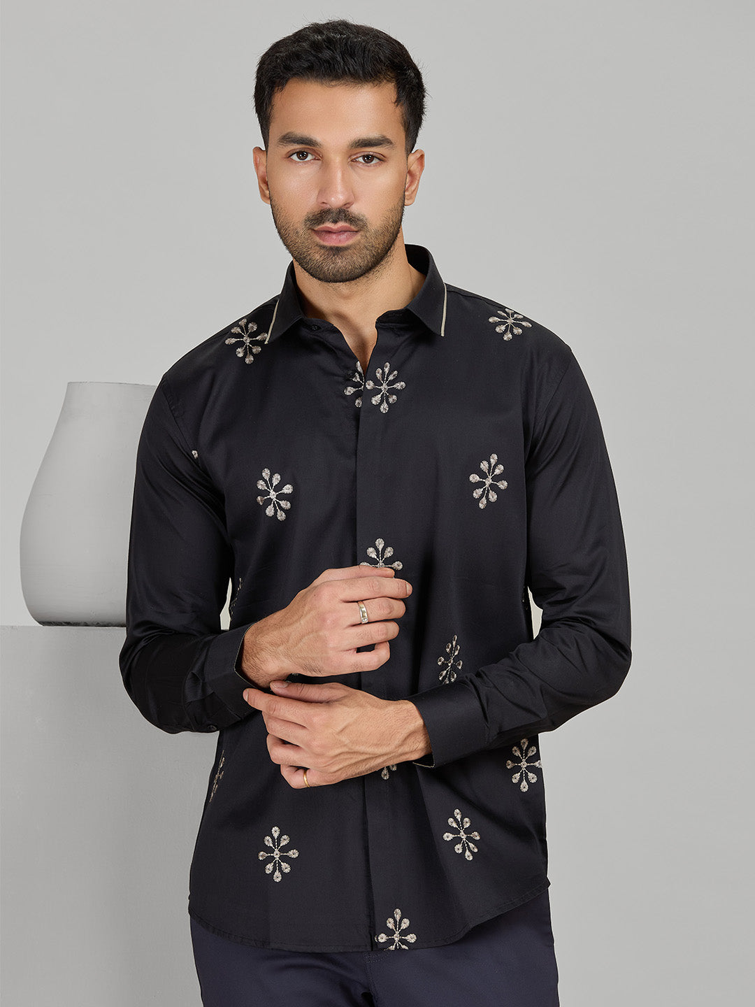 Men's Black Cotton Designer Shirt in Slim Fit