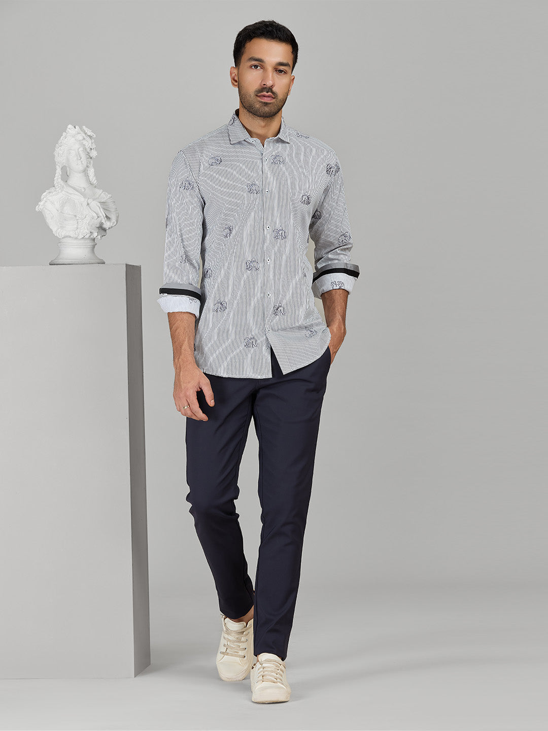 Men's White/Grey Cotton Designer Shirt in Slim Fit