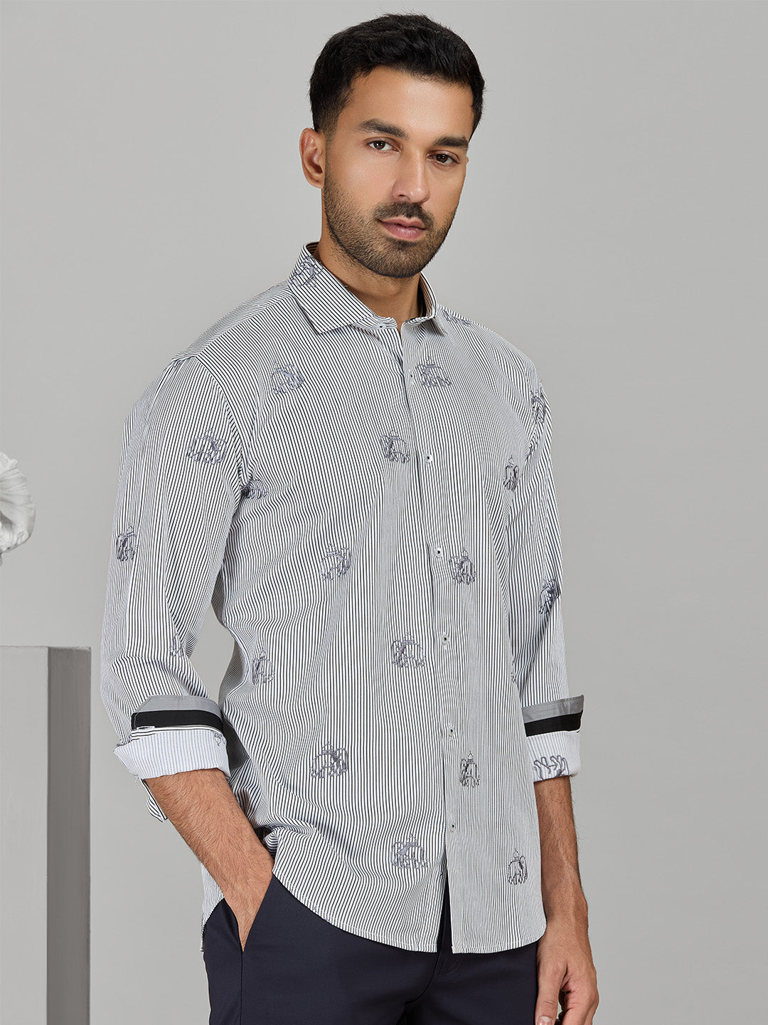 Men's White/Grey Cotton Designer Shirt in Slim Fit