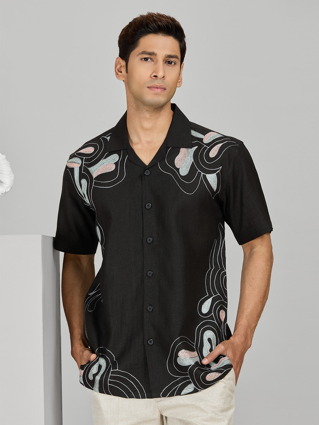 Men's Black Linen Designer Shirt in Regular Fit