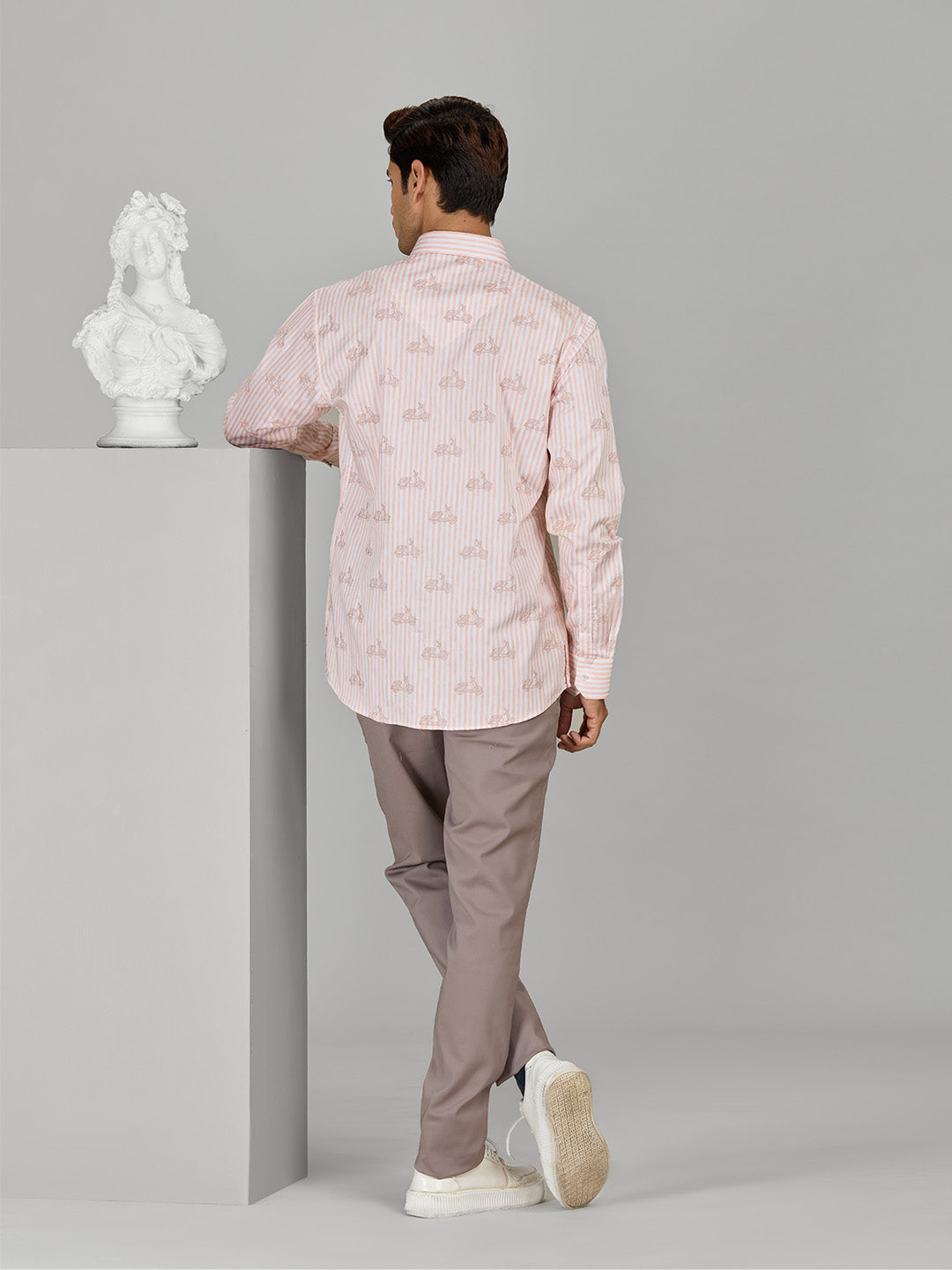 Peach Striped Cotton Shirt for Men with Embroidery