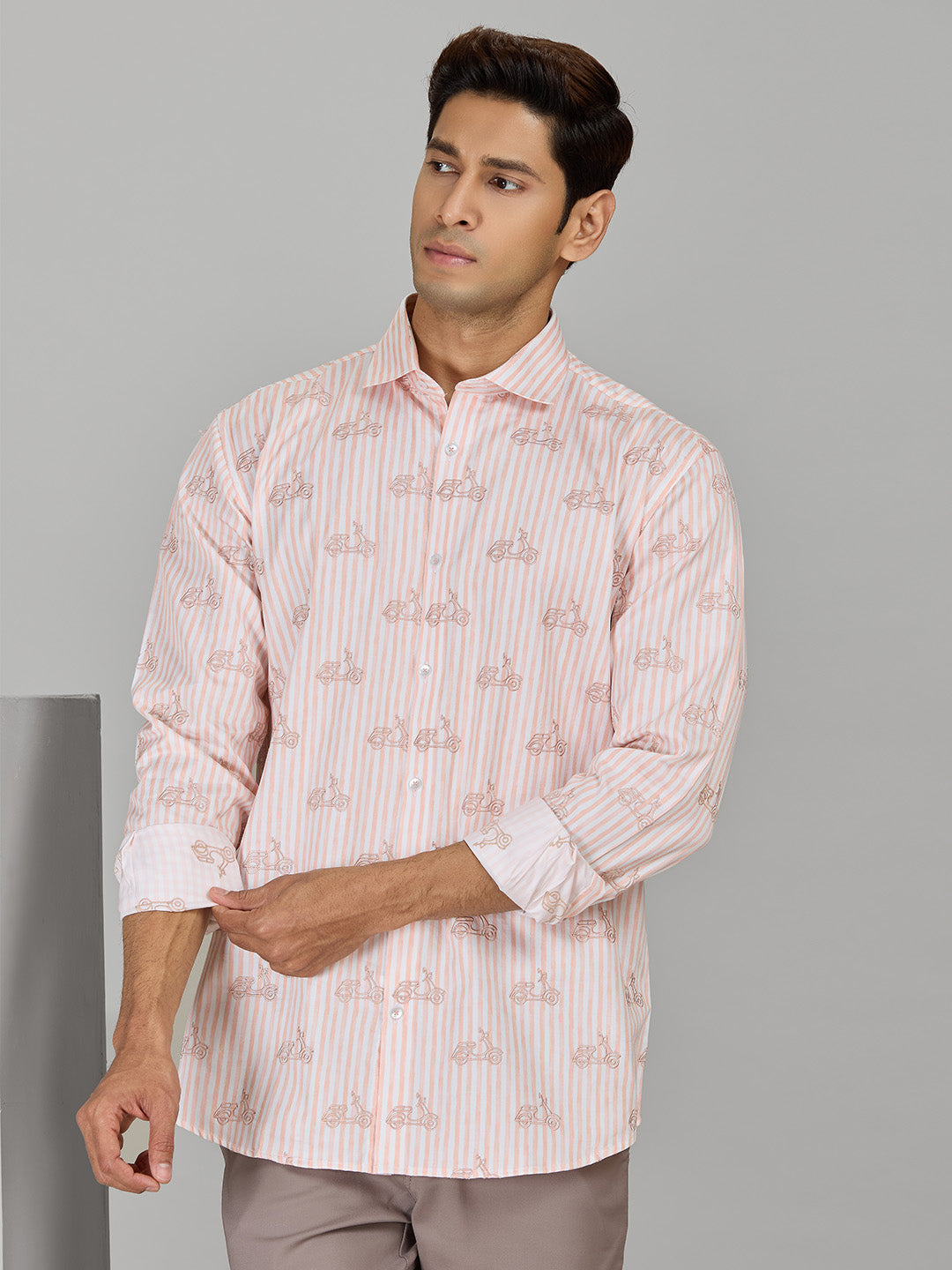 Peach Striped Cotton Shirt for Men with Embroidery
