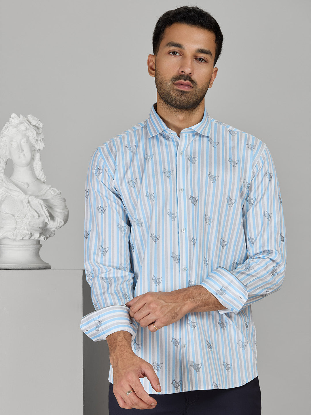 Sky Blue Striped Embroidered Shirt for Men – Slim Fit